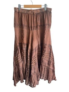Papa Boho Hippie Cottagecore Midi Peasant Skirt Brown Tiered Flowy Festival